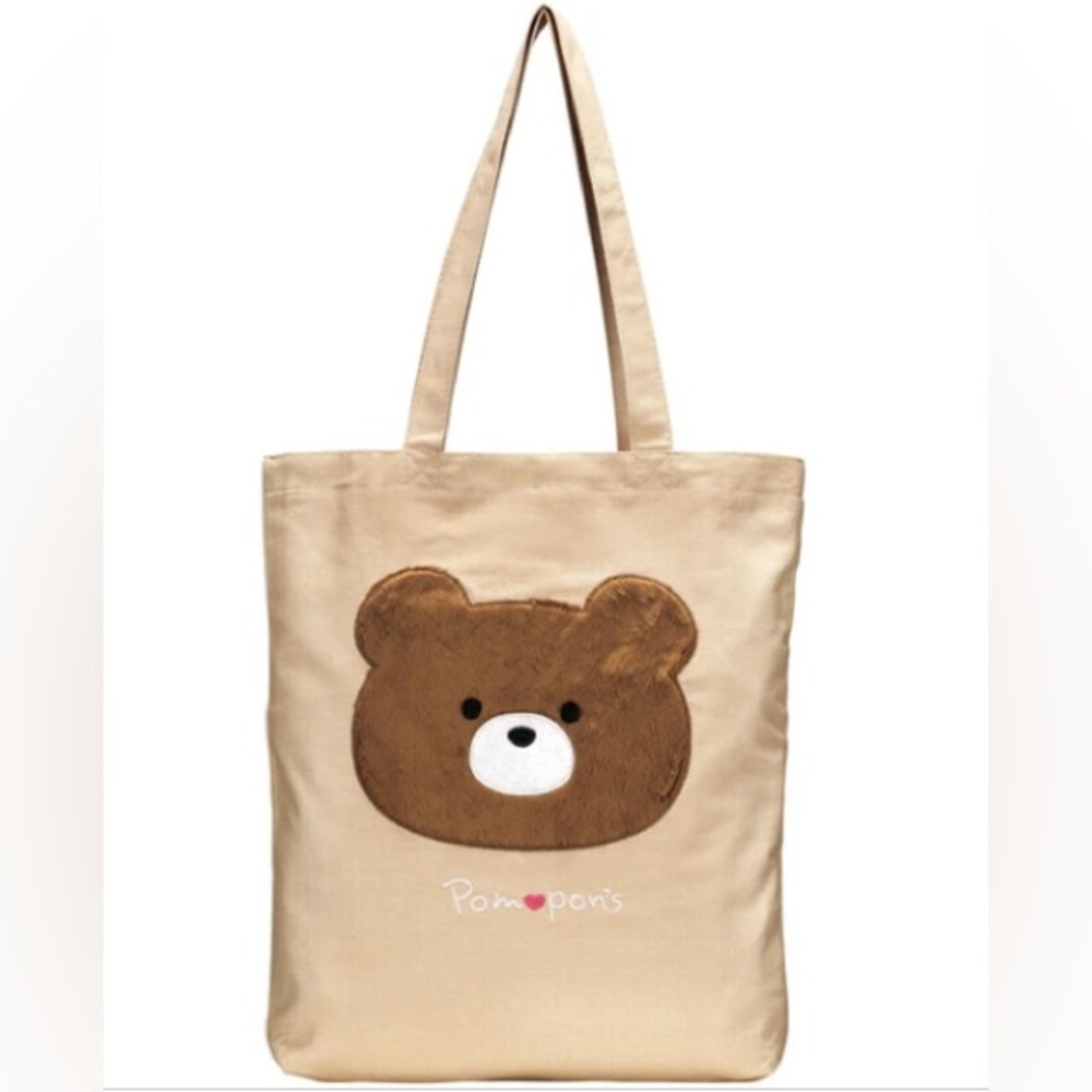 Kawaii Pompon Fuzzy Bear Embroidered Applique Tote Bag